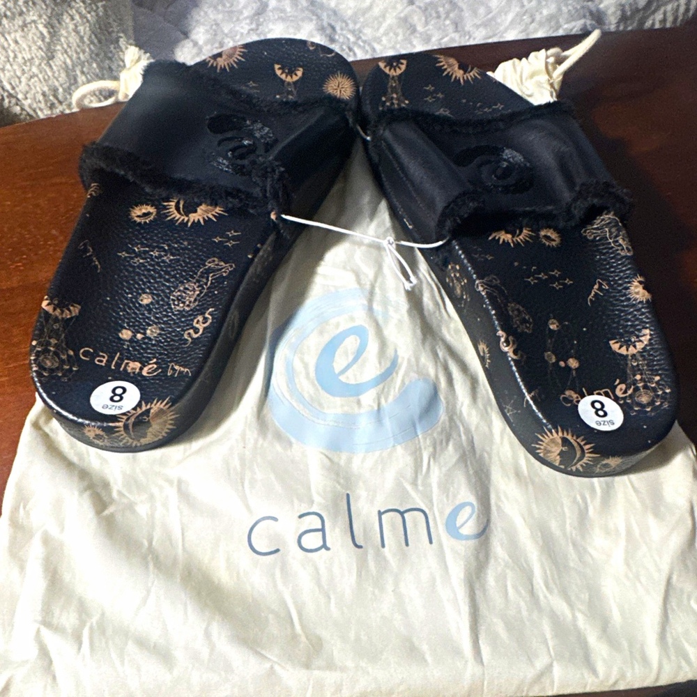 Johnny Was Calme Womens 8 Black PlushS Slip On’s Celestial Stars Cushioned Logo